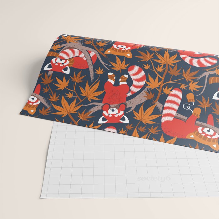 Red panda blending with the foliage // navy background red cozy animals fog brown taupe tree branches orange acer leaves Wrapping Paper Gallery Image 2