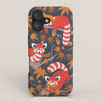 Red panda blending with the foliage // navy background red cozy animals fog brown taupe tree branches orange acer leaves iPhone Case Gallery Image 1