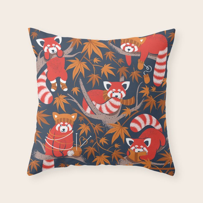 Red panda blending with the foliage // navy background red cozy animals fog brown taupe tree branches orange acer leaves Throw Pillow Gallery Image 1