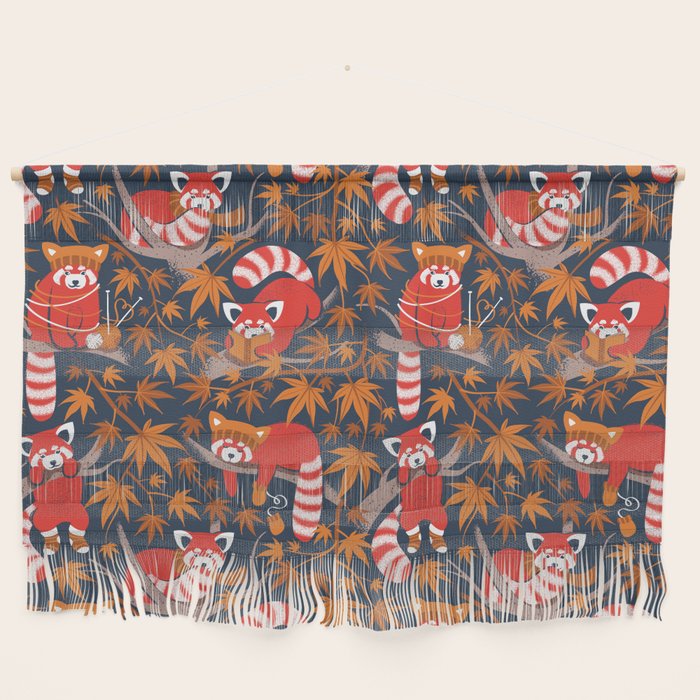 Red panda blending with the foliage // navy background red cozy animals fog brown taupe tree branches orange acer leaves Wall Hanging Gallery Image 1
