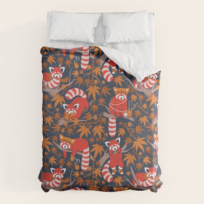 Red panda blending with the foliage // navy background red cozy animals fog brown taupe tree branches orange acer leaves Duvet Cover Gallery Image 6