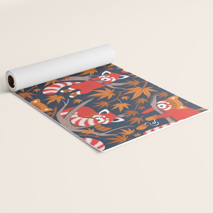 Red panda blending with the foliage // navy background red cozy animals fog brown taupe tree branches orange acer leaves Yoga Mat Gallery Image 2