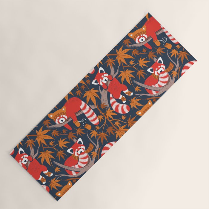 Red panda blending with the foliage // navy background red cozy animals fog brown taupe tree branches orange acer leaves Yoga Mat Gallery Image 1
