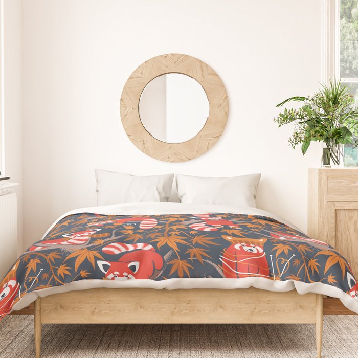 Red panda blending with the foliage // navy background red cozy animals fog brown taupe tree branches orange acer leaves Duvet Cover Gallery Image 3