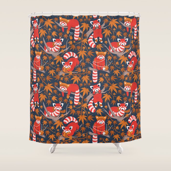 Red panda blending with the foliage // navy background red cozy animals fog brown taupe tree branches orange acer leaves Shower Curtain Gallery Image 1