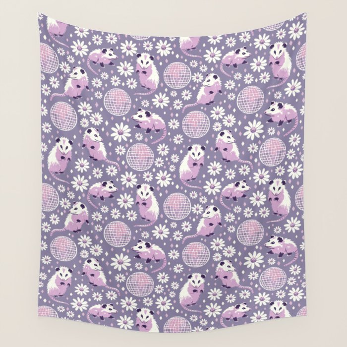 Disco Opossums and Daisies  Retro Pattern Wall Tapestry Gallery Image 1