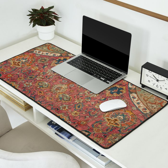 Persian Medallion Rug IV // 16th Century Distressed Red Green Blue Flowery Colorful Ornate Pattern Desk Mat Gallery Image 2