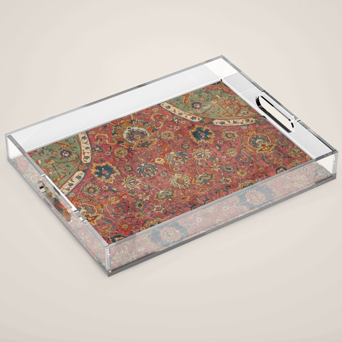 Persian Medallion Rug IV // 16th Century Distressed Red Green Blue Flowery Colorful Ornate Pattern Acrylic Tray Gallery Image 1