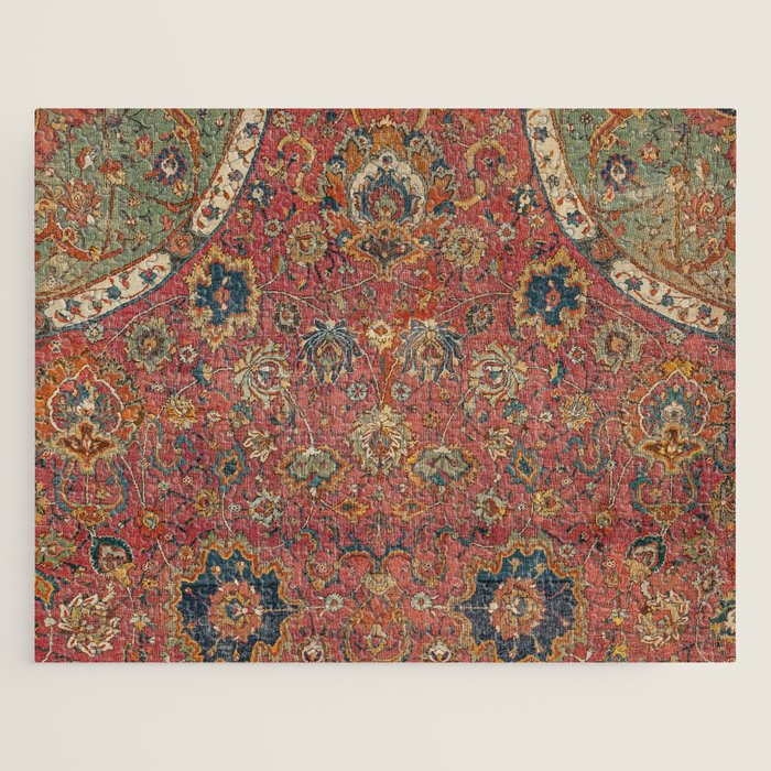 Persian Medallion Rug IV // 16th Century Distressed Red Green Blue Flowery Colorful Ornate Pattern Jigsaw Puzzle Gallery Image 1