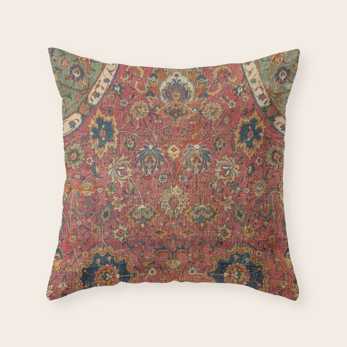 Persian Medallion Rug IV // 16th Century Distressed Red Green Blue Flowery Colorful Ornate Pattern Throw Pillow Gallery Image 1