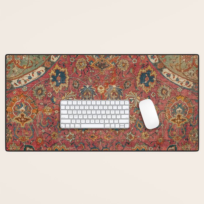 Persian Medallion Rug IV // 16th Century Distressed Red Green Blue Flowery Colorful Ornate Pattern Desk Mat Gallery Image 1