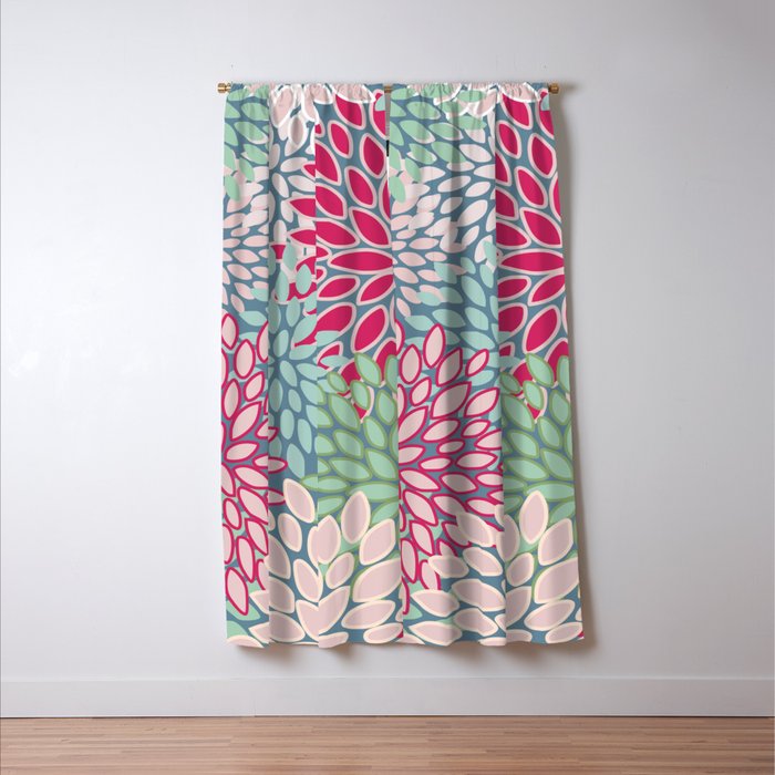 Festive, Floral Prints, Bright Pink, Teal and Green Window Curtain Gallery Image 3