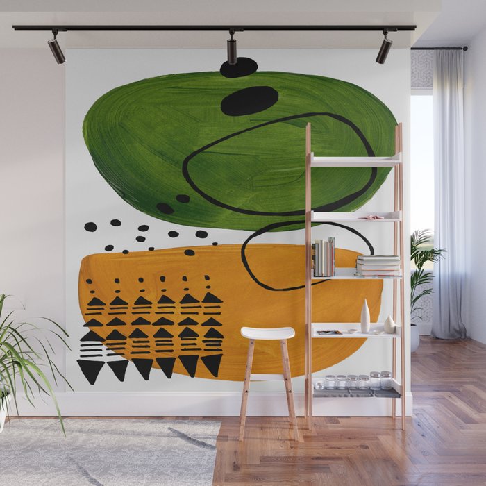 Modern Mid Century Fun Colorful Abstract Minimalist Painting Olive Green Yellow Ochre Buns Wall Mural Gallery Image 1