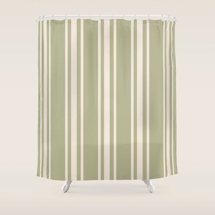 Mediterranean Ticking Stripe Sage Sand  Shower Curtain Gallery Image 1