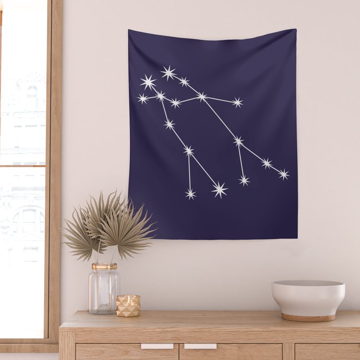 Gemini Zodiac Star Constellation Line Art Dark Purple Wall Tapestry Gallery Image 2
