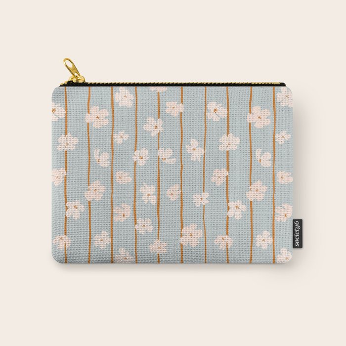 Peach flowers on green and orange vertical stripes background pattern Carry All Pouch Gallery Image 1