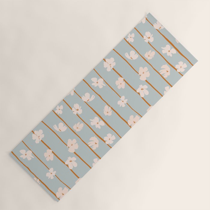 Peach flowers on green and orange vertical stripes background pattern Yoga Mat Gallery Image 1