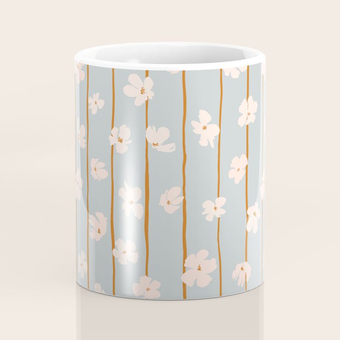 Peach flowers on green and orange vertical stripes background pattern Coffee Mug Gallery Image 4