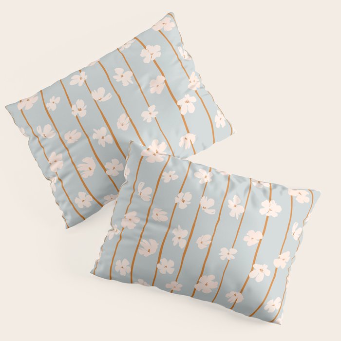 Peach flowers on green and orange vertical stripes background pattern Pillow Sham Gallery Image 1