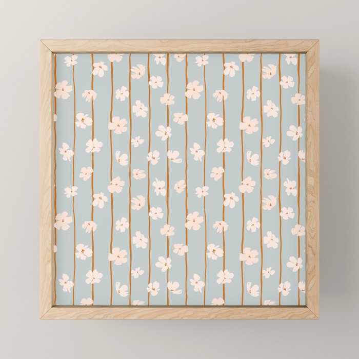 Peach flowers on green and orange vertical stripes background pattern Mini Art Print Gallery Image 1