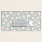 Peach flowers on green and orange vertical stripes background pattern Desk Mat Gallery Image 1
