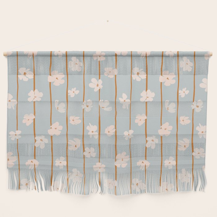 Peach flowers on green and orange vertical stripes background pattern Wall Hanging Gallery Image 1