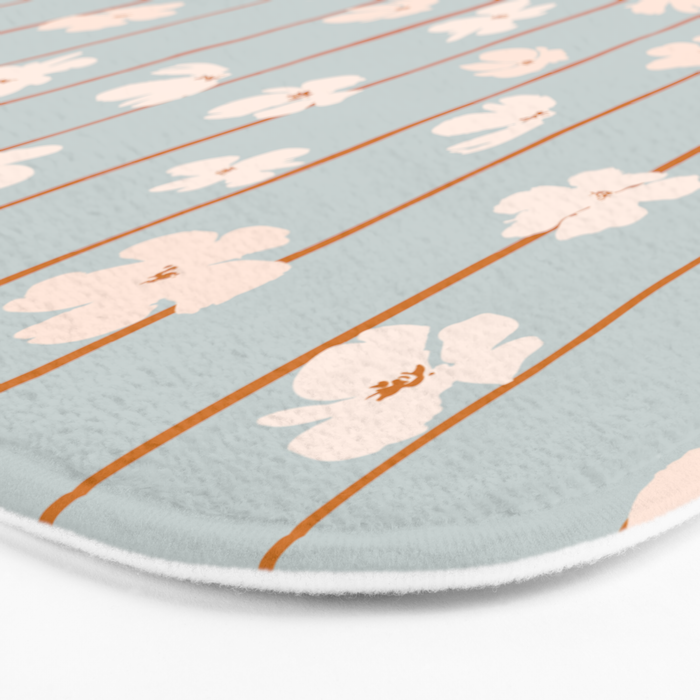 Peach flowers on green and orange vertical stripes background pattern Bath Mat Gallery Image 3