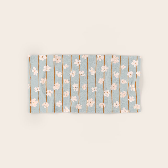 Peach flowers on green and orange vertical stripes background pattern Bath Towel Gallery Image 1