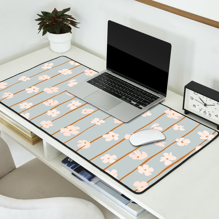Peach flowers on green and orange vertical stripes background pattern Desk Mat Gallery Image 2