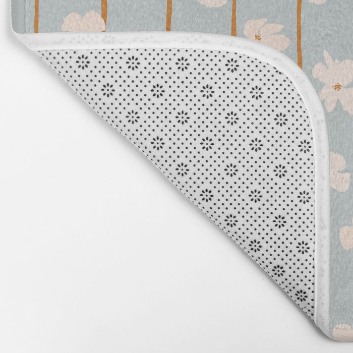 Peach flowers on green and orange vertical stripes background pattern Bath Mat Gallery Image 2