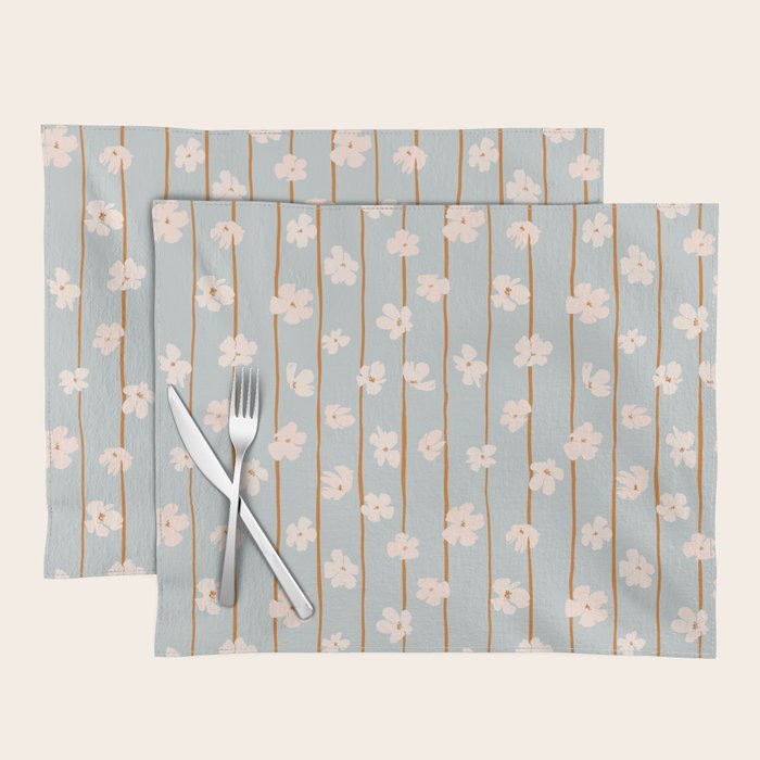 Peach flowers on green and orange vertical stripes background pattern Placemat Gallery Image 1