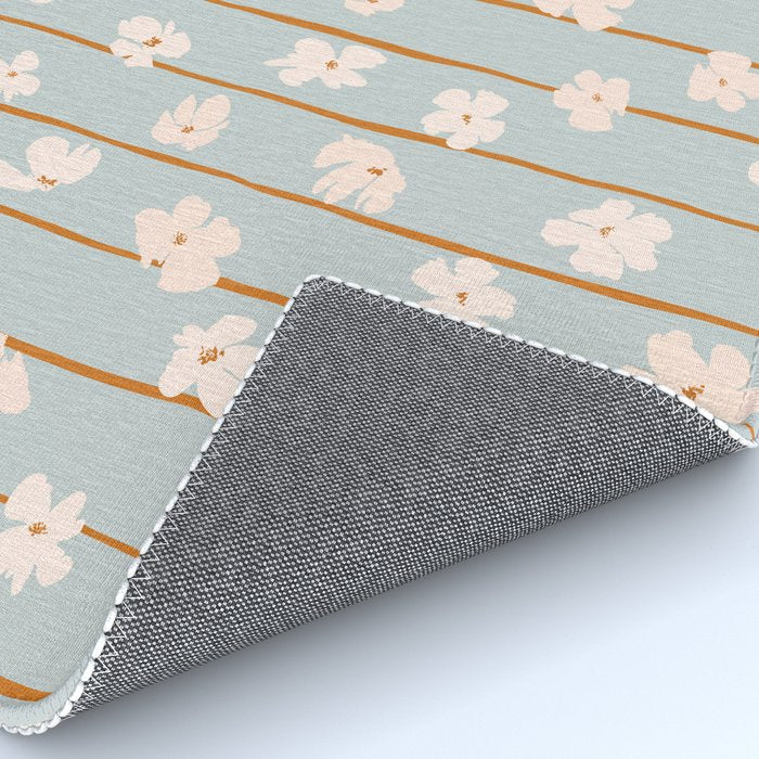 Peach flowers on green and orange vertical stripes background pattern Rug Gallery Image 4