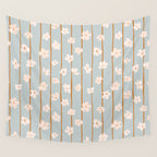Peach flowers on green and orange vertical stripes background pattern Wall Tapestry Gallery Image 4