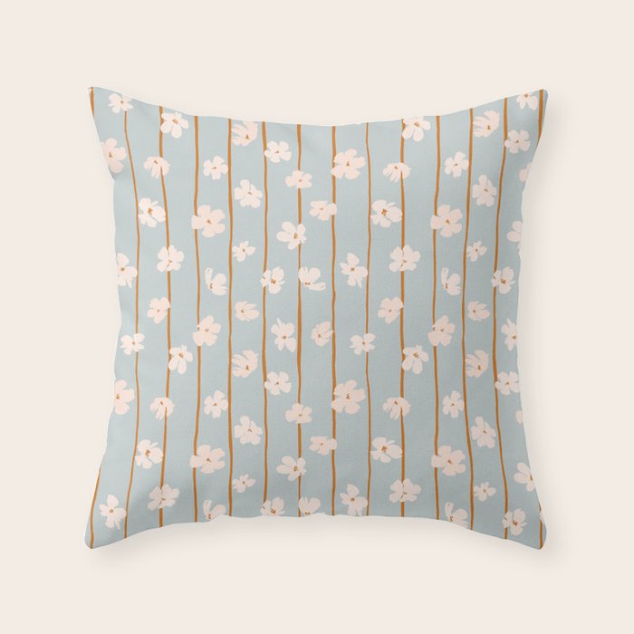 Peach flowers on green and orange vertical stripes background pattern Throw Pillow Gallery Image 6