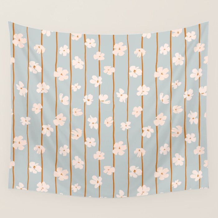 Peach flowers on green and orange vertical stripes background pattern Wall Tapestry Gallery Image 1