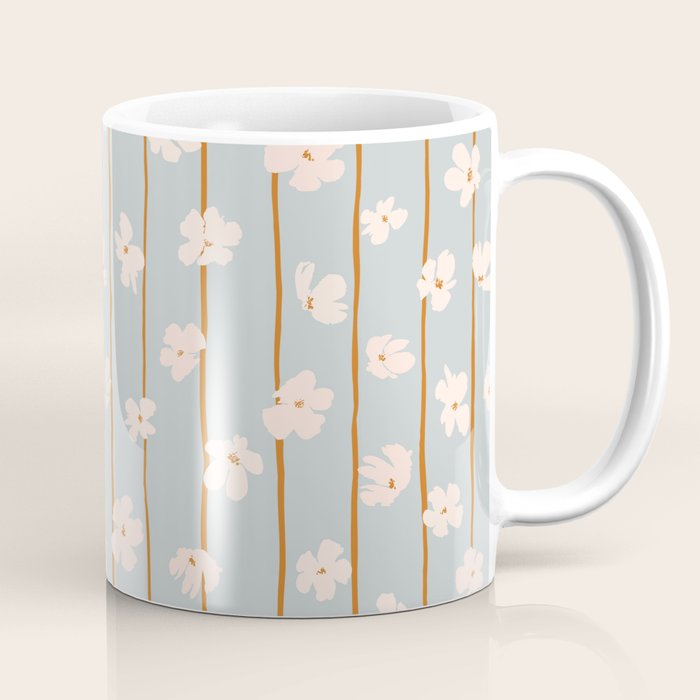 Peach flowers on green and orange vertical stripes background pattern Coffee Mug Gallery Image 1
