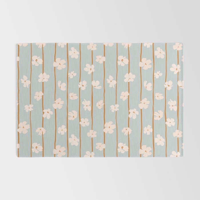 Peach flowers on green and orange vertical stripes background pattern Rug Gallery Image 2