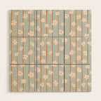 Peach flowers on green and orange vertical stripes background pattern Wood Wall Art Gallery Image 1