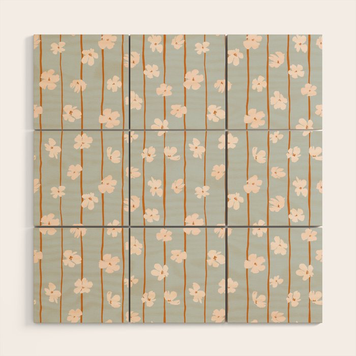 Peach flowers on green and orange vertical stripes background pattern Wood Wall Art Gallery Image 1