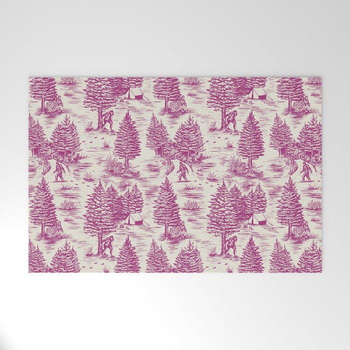 Magenta Bigfoot / Sasquatch Toile de Jouy Welcome Mat Gallery Image 1