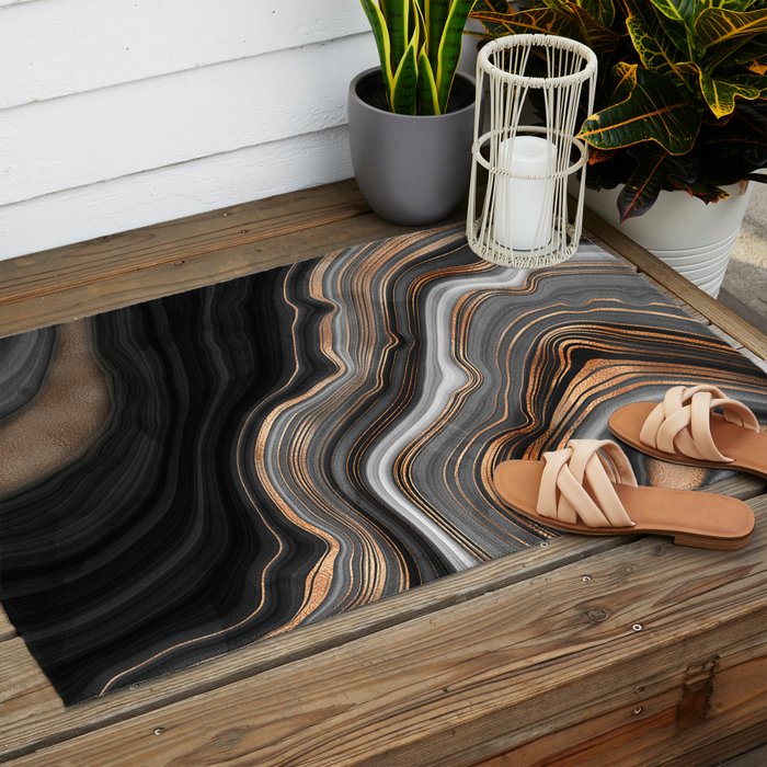 Elegant black marble with gold and copper veins Outdoor Rug Gallery Image 2