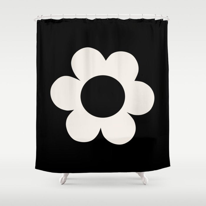 La Fleur | 06 - Retro Floral Print Black And White Flower Shower Curtain Gallery Image 1