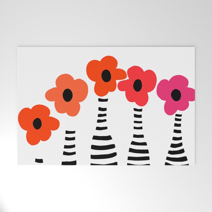 Red Petals Retro Flowers Stripe Bottles White Background #decor #society6 #buyart Welcome Mat Gallery Image 1