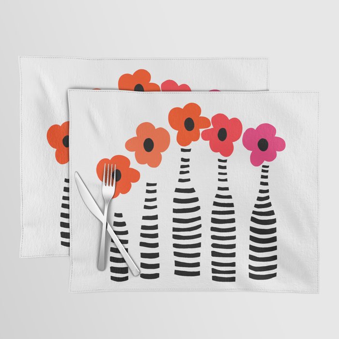 Red Petals Retro Flowers Stripe Bottles White Background #decor #society6 #buyart Placemat Gallery Image 1
