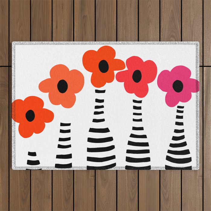 Red Petals Retro Flowers Stripe Bottles White Background #decor #society6 #buyart Outdoor Rug Gallery Image 1