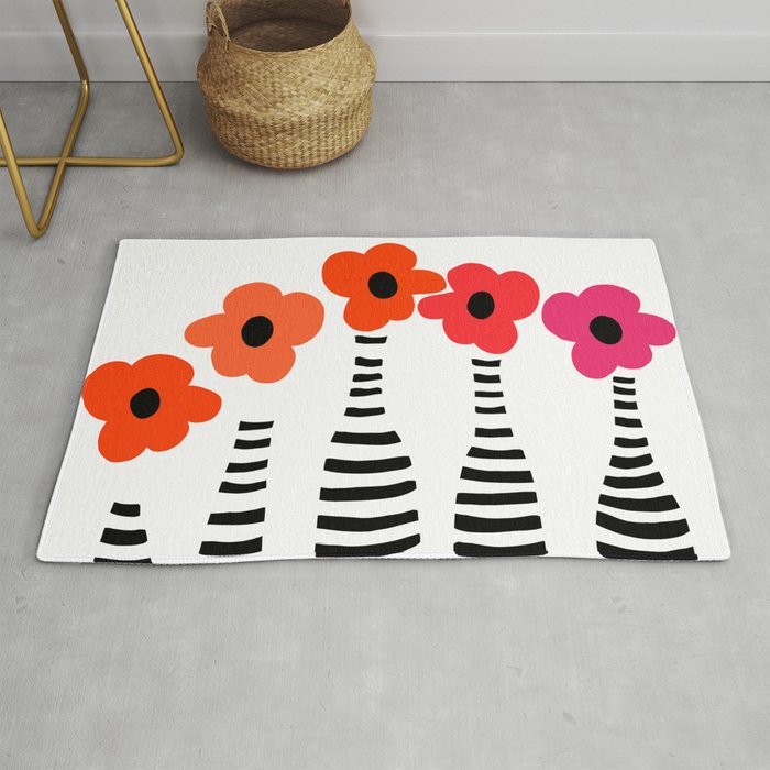 Red Petals Retro Flowers Stripe Bottles White Background #decor #society6 #buyart Rug Gallery Image 1
