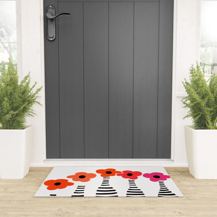 Red Petals Retro Flowers Stripe Bottles White Background #decor #society6 #buyart Welcome Mat Gallery Image 3