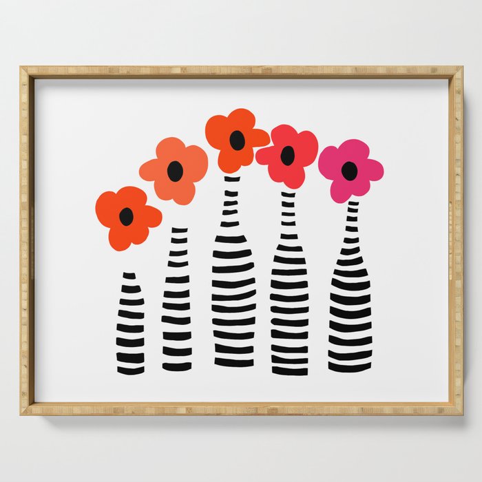 Red Petals Retro Flowers Stripe Bottles White Background #decor #society6 #buyart Serving Tray Gallery Image 1