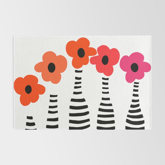 Red Petals Retro Flowers Stripe Bottles White Background #decor #society6 #buyart Rug Gallery Image 2