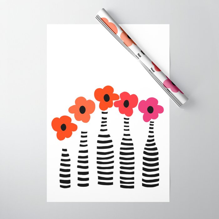 Red Petals Retro Flowers Stripe Bottles White Background #decor #society6 #buyart Wrapping Paper Gallery Image 1